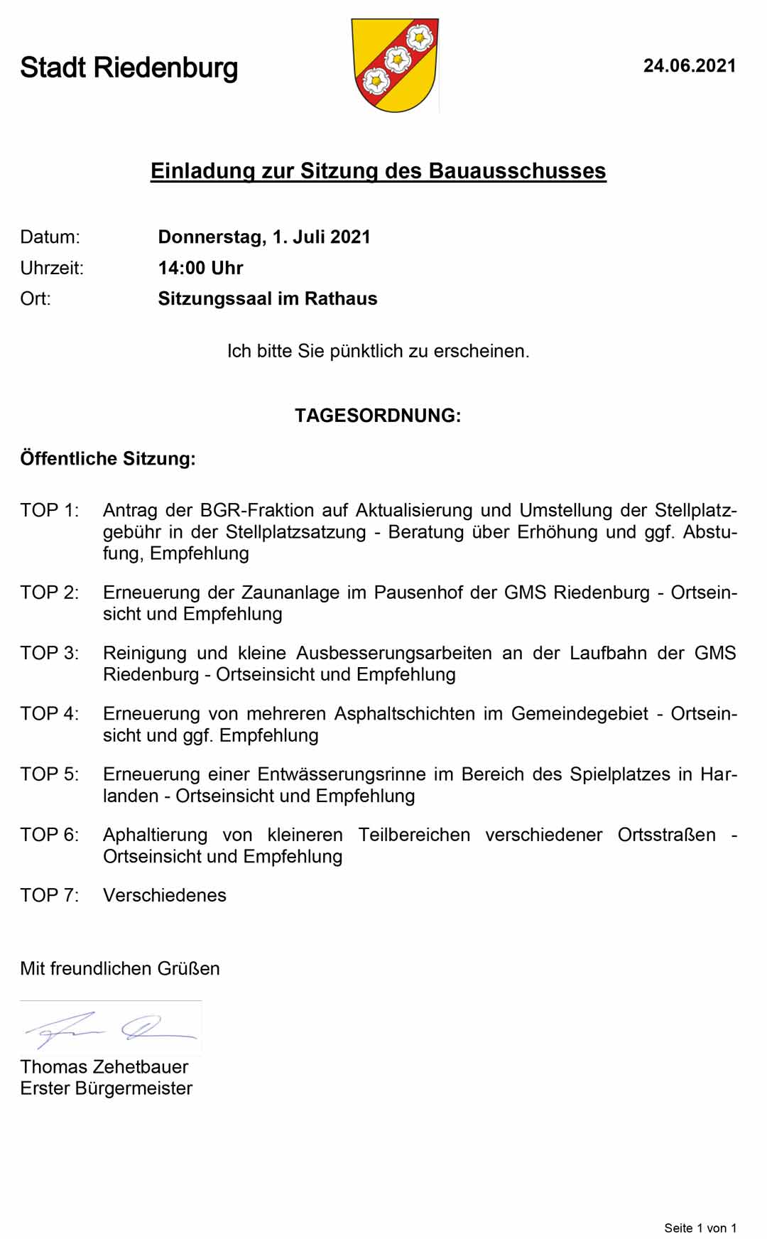 Einladung Bauausschuss 01 07 2021 (Grafik/Foto: Stadt Riedenburg)