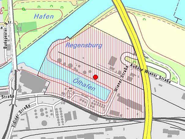 Sperrbezirk Hafen Regensburg wegen Bombenfund (Grafik: Polizeipräsidium Oberpfalz/Polizeiinspektion Regensburg Süd)
