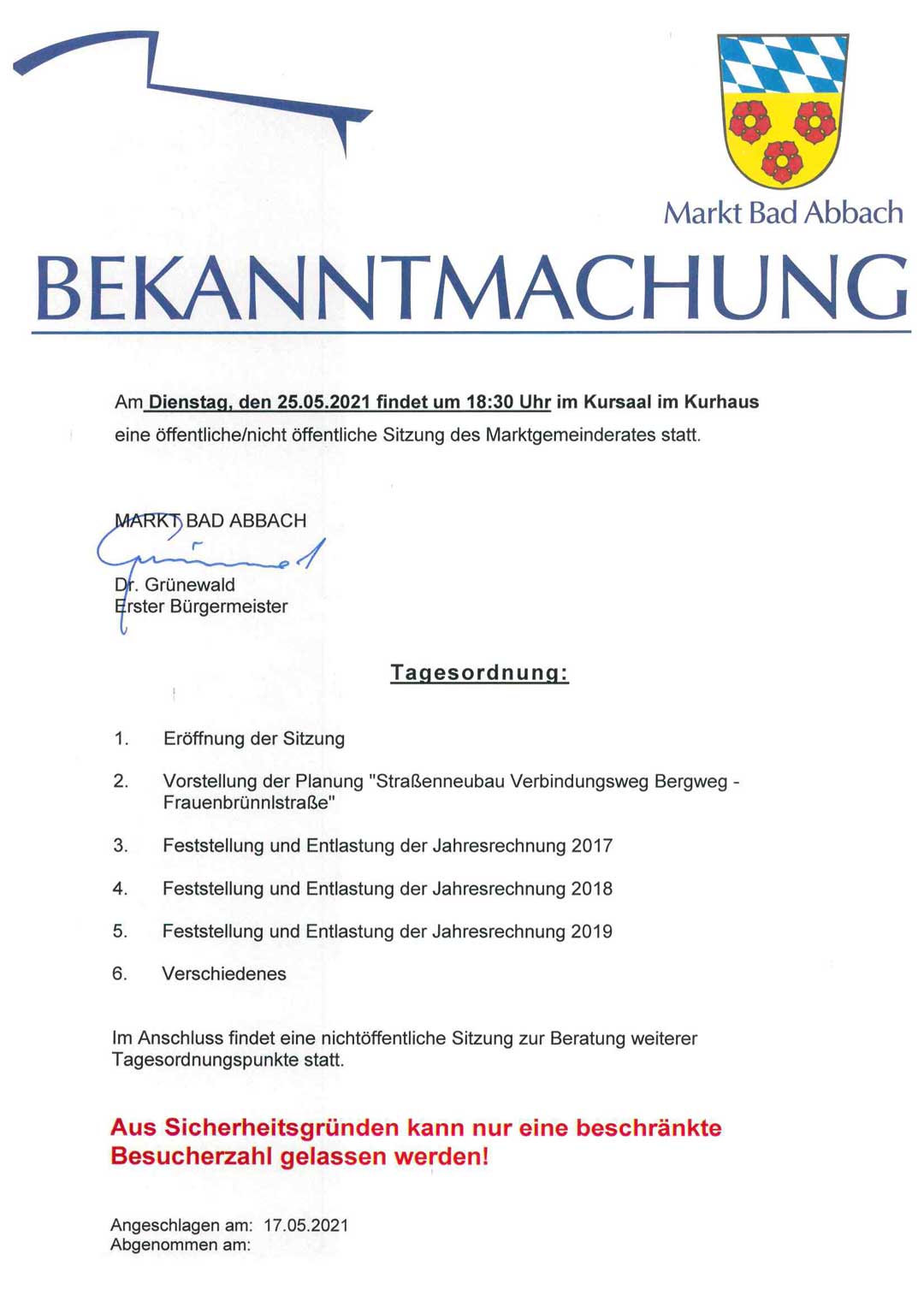 Veröffentlichung der Bekanntmachung zur Marktratssitzung am 25.05.2021 des Marktrates von Bad Abbach (Grafik: Markt Bad Abbach)