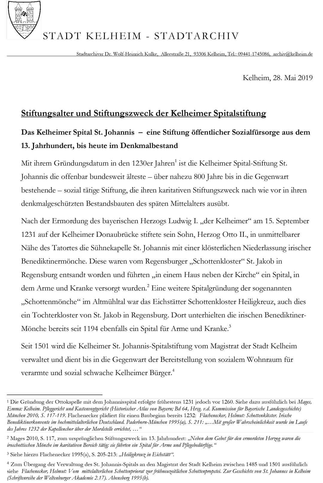 SPITALSTIFTUNG KELHEIM Stiftungsalter Stiftungszweck 1 (Grafik/Foto: Stadt Kelheim/Archiv)