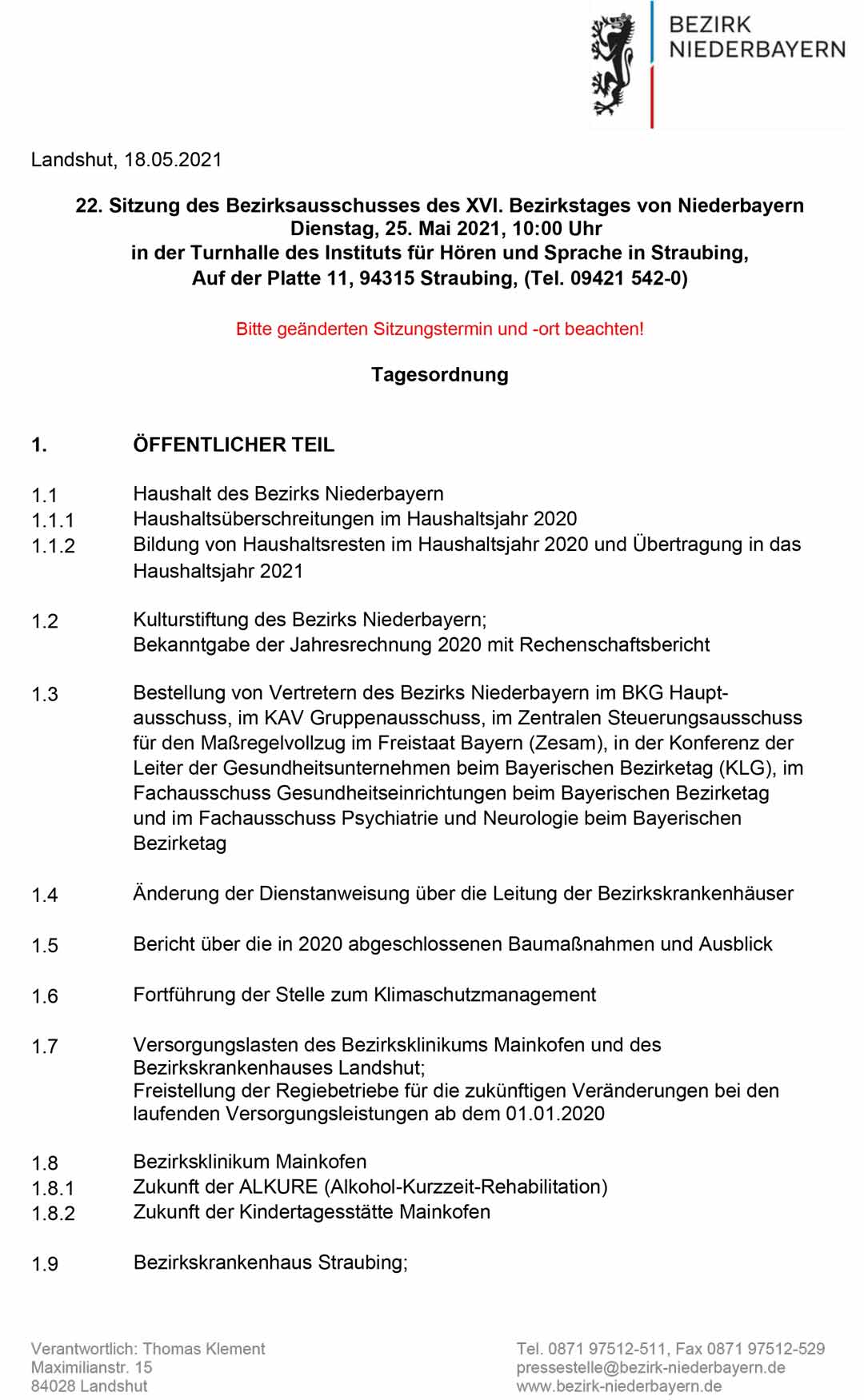 Bezirksausschusssitzung 25,05.2021 Seite1 (Grafik: Bezirksregierung Niederbayern)